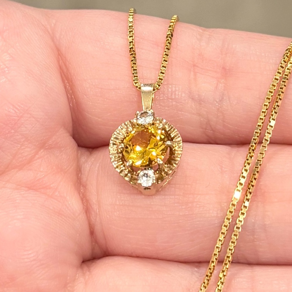 Vintage 10K Yellow Topaz Pendant, Small Petite, CZ Accent, Golden Regal Style - Picture 4 of 15